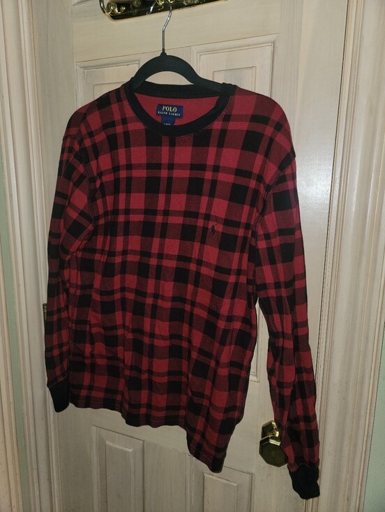 Polo Ralph Lauren Other - Polo Ralph Lauren Red & Black Plaid Mens Sz M Waffle Texture Crewneck Sweater